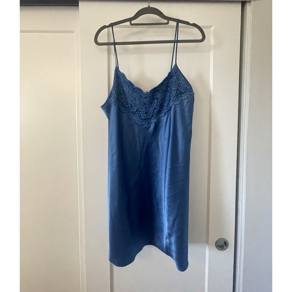 Private Luxuries Blue Satin Lace Trim Nightgown Chemise Sleepwear Womens XXL